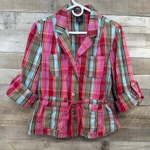 French Cuff Plaid Utility Jacket Womens XL Pink Green Cotton Drawstring